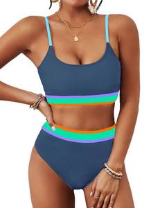 lot 3292 image: BMJL Womens High Waisted Bikini Ribbed Two Piece Swimsuit High Cut Color Block Adjustable Straps Bathing Suit(L,Rainbow Dark Blue Green)