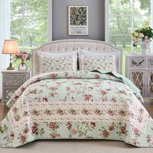 lot 3302 image: Xruibed Floral Quilt Set Queen Size, 3PCs Antique Rose Green Bedspread Coverlet Set, Lightweight Soft Microfiber Green Quilt Set with 2 Pillowcases for All Season (Queen Size 96x90)