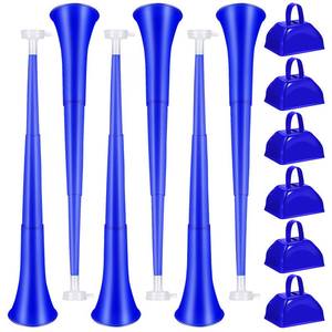 lot 3330 image: Treela 12 Pcs Collapsible Stadium Horn and Metal Cowbells 24 Inch Vuvuzela Horn Blow Plastic Trumpet Cow Bells with Handle Noisemakers for Sporting Events Graduation Games School Sports Party(Blue)