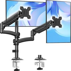 lot 3338 image: Dual Monitor Stand Holds 4.4-22 lbs Each, Dual Monitor Arm for 2 Monitors, Height Adjustable Computer Desk Mount for Max 32 inch Screens, VESA Mount with C-clamp & Grommet Base, Freelift Black