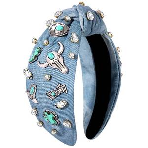 lot 3397 image: PHALIN Western Headbands for Women Jeweled Rhinestone Crystal Knotted Headbands Embellished Cowboy Boot Hat Cow Head Hairbands Turquoise Western Nashville Rodeo Music Concert Accessories (Style I)