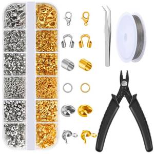 lot 3404 image: 1200 Pcs Crimp Beads Kit for Jewelry Making, Acejoz Crimp Beads, Crimp Covers, Crimp Tubes and Wire Guardians, Lobster Clasps, Jump Rings, Crimping Pliers and Beading Wire for Jewelry Making