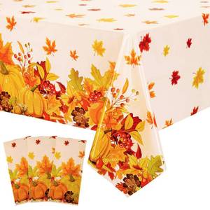 lot 3409 image: Yoption 3 Pack Thanksgiving Tablecloth Disposable for Rectangle Tables, Autumn Maple Leaves Pumpkin Thanksgiving Plastic Table Cloth Table Cover for Home Decoration, Party Decor, 54 x 108 inch