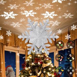 lot 3437 image: Christmas Tree Topper Lighted with 6 Projection Modes,Christmas Tree Topper Built-in LED Rotating Projector Lights 3D Christmas Tree Decorations for Xmas Party Holiday Decor(Silver Snowflake)