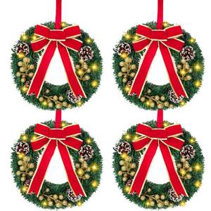 lot 3440 image: 4 Pcs Lighted Christmas Wreaths, 12 Inch Pre Lit Small Xmas Wreath with Large Bow, Pine Needle Wreath with LED Lights Battery Operated Xmas Ornaments for Front Door Wall Christmas Party Decor(Gold)