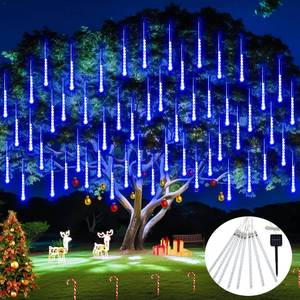 lot 3469 image: JMEXSUSS Solar Christmas Lights Outdoor, 8 Tube 144 LEDs Solar Meteor Shower Lights Outdoor, Hanging Blue Christmas Light for Tree Icicle Garden Yard Patio Gazebo Party Xmas Decor