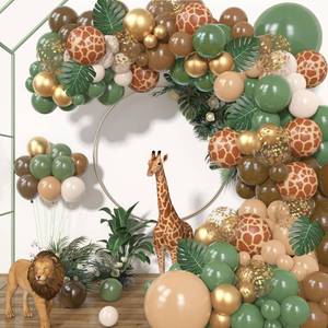 lot 3491 image: 170Pcs Jungle Safari Balloons Garland Kit, Safari Baby Shower Decorations Sage Green Brown & Animal Print Balloons Palm Leaves for Woodland Themed Giraffe Wedding Two Wild One Birthday Party Supplies
