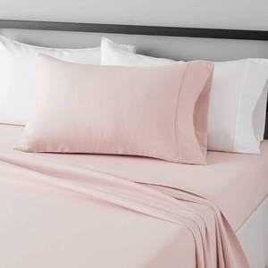 lot 3498 image: Amazon Basics Lightweight Super Soft Easy Care Wrinkle Free Microfiber 3 Piece Bed Sheet Set with 14-Inch Deep Pockets, Twin, Blush Pink, Solid, Kids, Men & Women Bedding