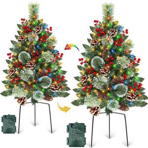 lot 3513 image: Outdoor Christmas Tree 2 Pack 33 Christmas Urn Filler with 50 Warm&Colorful Lights, Artificial Xmas Tree 8 Modes Timer,Mixed Tips Pinecones Red Berries Battery Operated for Pathway Yard Porch Planter