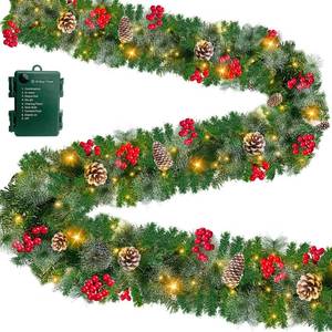 lot 3514 image: Timer & 8 Modes 9 Ft Prelit Christmas Garland 50 LED Warm White Lights Cedar Valentines Garland Battery Operated 270 Thick Branch Bristle Pine 70 Red Berries 10 Pinecones Mantle Home Decor Outdoor