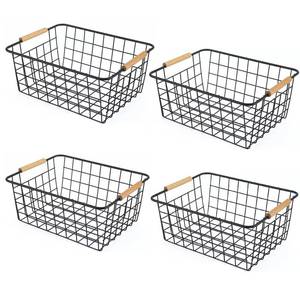 lot 3520 image: Wire Basket 4 Pcs Wire Storage Baskets Wire Baskets Organizing with Wooden Handles Wire Basket Pantry Organization and Storage Metal Wire Food Storage Basket for Kitchen, Cabinets (Black 4PCS)