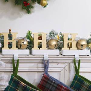 lot 3526 image: UNIQOOO Champagne Gold HoHoHo Christmas Stocking Holder Set of 3, Max 2Lb, Heavy Duty, Padded Grip Bottom, White Christmas Mantel Hooks Fireplace Garlands Wreath Decoration Hanger, wBells Ribbon