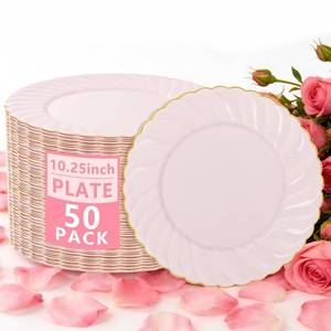 lot 3527 image: YOUBET 50 Pack Pink Scalloped Plastic Plates - 10.25 Inch Pink Disposable Plates - High End Elegant Vintage Dinner Plate for Party & Weeding & Birthday Valentines Day