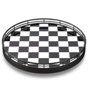 lot 3532 image: 10.2-Inch Black &amp White Checkerboard Lazy Susan Organizer Rotating Serving Tray with Oak Base, Iron Frame, &amp Ceramic Tile Perfect for Dining Table, Kitchen Cabinet, Bathroom Countertop, Home D�cor