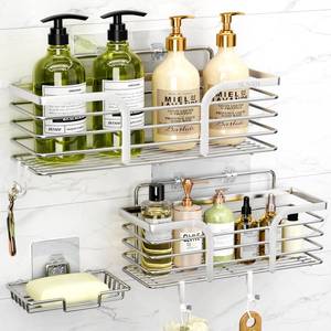 lot 3538 image: Yougai Shower Caddy, Shower Organizer with Soap Holder and Hooks, Rustproof Shower Shelves, No Drilling Bathroom Organizers and Storage, Wall-Mounted Kitchen & Home Decor (Silver)