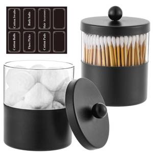 lot 3543 image: Gaussra Black Apothecary Jars, Black Qtip Holder - Stainless Steel Bathroom Jar with Stickers - Farmhouse Decor Qtip Dispenser for Qtips, Cotton Balls, Swabs, Makeup Sponges (2-Pack)