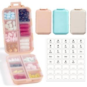 lot 3555 image: 3 Pack, 14 GRIDS Travel Pill Organizer Box with Labels - Travel Medicine Case Kit - Pocket Daily Pharmacy Container - Travel Medication Holder Dispenser for Fish Oil Vitamin Supplement Storage