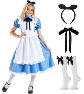 lot 3557 image: fhjax Halloween Costumes for Girls, Blue Dress White Apron with Stockings Bow headband and Tie Set (13 Years)