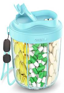 lot 3559 image: Large Pill Dispenser to Store 7 Various Supplements - Pill Organizer & Supplement Organizer for Travel, Anti-Mixing Design, with Strap & 20 Sticky Labels (Blue)