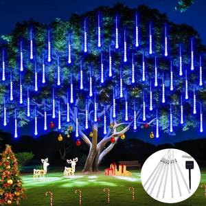 lot 3588 image: JMEXSUSS Solar Christmas Lights Outdoor, 8 Tube 144 LEDs Solar Meteor Shower Lights Outdoor, Hanging Blue Christmas Light for Tree Icicle Garden Yard Patio Gazebo Party Xmas Decor