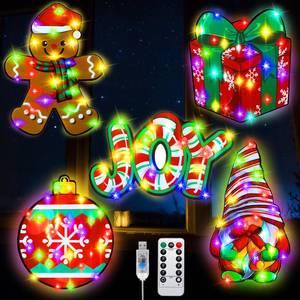 lot 3596 image: Kanayu 5 Pcs Christmas Window Lights Decorations Lighted Christmas Window Silhouette 8 Modes USB Powered with Remote Timer Light Up Holiday Sign Display Hanging Ornaments (Cute Style)