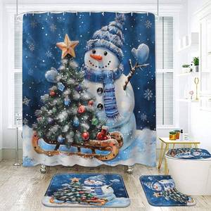 lot 3609 image: NEWSUYAA Christmas Shower Curtain Bathroom Decorations Sets, 4 PCS Cute Snowman Xmas Holiday Bath Decor with Toilet Seat Cover Rugs Mats and Hooks, Santa Theme Tub Room D�cor (Teal)