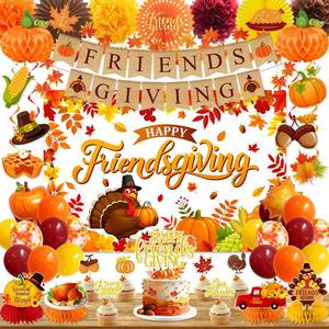 lot 3620 image: Friendsgiving Decorations - Autumn Thanksgiving Party Supplies Include Happy Friendgiving Backdrop,Honeycomb Centerpiece,Pom Poms and Pumpkin Balloons