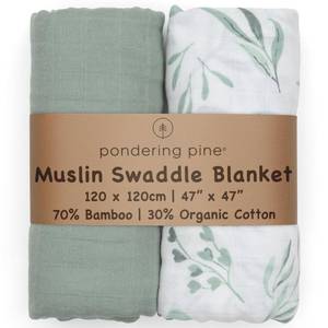 lot 3663 image: Organic Baby Muslin Swaddle Blankets for Boy or Girl - Eucalyptus Leaves and Sage Swaddling Blanket 2 Pack - Soft Muslin, XLarge and Breathable, Boho Baby, 47 X 47