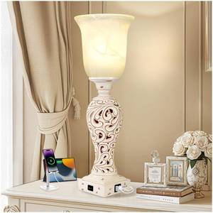 lot 3670 image: 20 Bedside Lamp for Bedroom, Torchiere Table Lamp with 2 USB Charging Ports, Vintage Desk Lamp with Glass Shade, 3-Way Dimmable, Retro Rustic Nightstand Lamp for Living Room Entryway