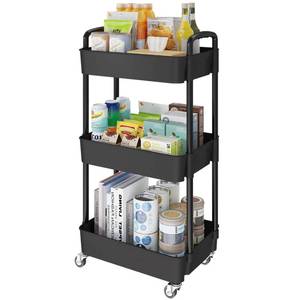 lot 3671 image: Laiensia 3-Tier Storage Carts,Multifunction Utility Rolling Cart Kitchen Storage Organizer,Mobile Shelving Unit Cart with Lockable Wheels for Bathroom,Laundry,Living Room,With Classified Sticker,Black
