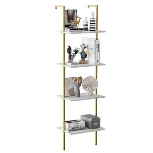 lot 3673 image: Wolawu Ladder Shelf 4 Tiers Metal Industrial Bookshelf,White Marble Wood Tall Open Storage Rack and Display Shelves,Wall Mount Wide Book Case for Home Office Bedroom,Small