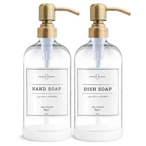 lot 3706 image: Vine Creations Clear Glass Soap Dispenser, 2 Pack Kitchen Soap Dispenser Set with Stainless Steel Pump, 16 oz Dish Soap and Hand Soap Dispensers for Bathroom with Waterproof Labels