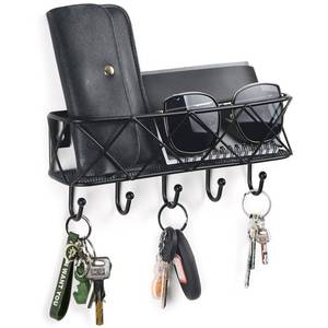 lot 3717 image: HappyHapi Key Holder for Wall Decorative, Entryway Key Hooks, Wall Mounted Key Rack with 5 Hooks, Metal Wire Mesh Basket Mail Holder, 9.8Lx2.1Wx4.1H