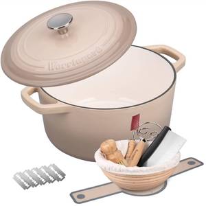 lot 3735 image: VORRINGARD Enameled Cast Iron Dutch Oven Pot with Lid, for Bread Baking, Round Bread Oven- include Sourdough Bread Baking Supplies Set, 4.5QT, Latte