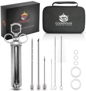 lot 3738 image: Meat Injectors for Smoking - Stainless Steel Marinade Injector Kit with Case and Window for BBQ, Grilling - 3 Syringe Needles for Injection of Flavor, Sauce - Food Injector for Turkey, Beef, Brisket