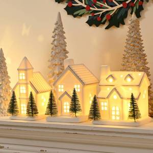 lot 3757 image: AOMOONOA Ceramic White Christmas Village Houses, 3Pcs Light Up Small Porcelain Village House with 6Pcs Christmas Trees, LED Lighted Tabletop House Figurines for Home Decor, Winter Holiday DIY, Gift