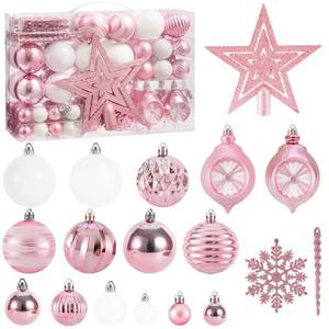 lot 3780 image: 100PCS Christmas Tree Balls Ornaments Set with Topper, PinkWhite Shatterproof Hanging Christmas Tree Decorations