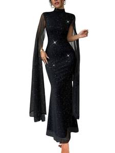 lot 3790 image: WISFRUIT Women Sexy Elegant Formal Mock Neck Flare Sleeve Mesh Evening Gowns Maxi Dress Black Sequin Medium