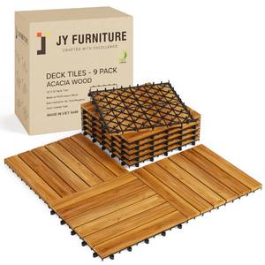 lot 3792 image: 9 PCS Interlocking Deck Tiles 12 x 12 - Premium Acacia Wood Patio Tiles Waterproof - Deck Tiles Interlocking All Weather Waterproof Flooring - Easy Installation for Indoor & Outdoor (Golden Steak)