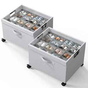lot 3793 image: HOUSE AGAIN Shoe Organizer for Closet, 2 Pack Foldable Shoe Storage Organizer Box with Wheels and Adjustable Dividers, Sturdy Metal Frame Fits up to 16-32 Pairs, Large Shoes Storage with Clear Cover