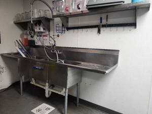 lot 6510 image: Commercial 3-Compartment Sink System with Chemical Dispensers - CONTENTS ON SHELVES ARE NOT INCLUDED
