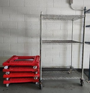 lot 6514 image: 5ft Commercial Wire Shelf Unit with (4) Bimbo Bakeries Heavy Duty Dollies