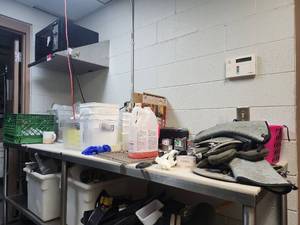 lot 6540 image: Assorted Lot of Restaurant Supplies Including Plastic Storage Containers, Green Stacking Crates, and More