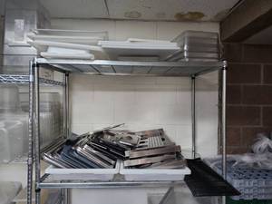 lot 6543 image: Assortment of Food Service Equipment Including Stainless Steel Steam Table Pans, Perforated Inserts, and More