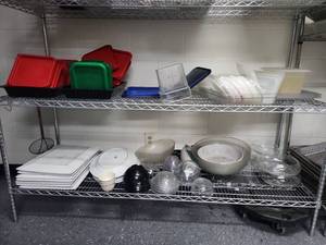 lot 6547 image: Assorted Lot of Commercial Kitchen Supplies Including Plastic Food Storage Containers W Lids, Serving Platters, and More