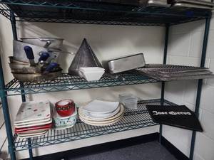 lot 6551 image: Assorted Lot of Professional Kitchen Equipment Including Aluminum Strainers, Perforated Cone, Serving Trays, and More