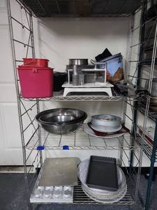 lot 6554 image: Assortment of Restaurant Supplies Including Stainless Steel Cake Pans, Mixing Bowls, Plastic Storage Containers, and More