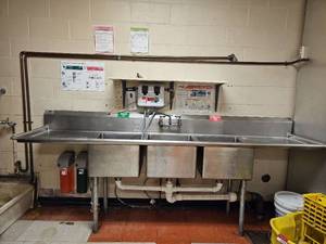 lot 7023 image: Commercial Three-Compartment Stainless Steel Sink W Signet Chemical Dispenser