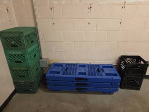 lot 7035 image: (6) Industrial Plastic Storage Crates &amp (3) Plastic Dunnage Freezer Racks
