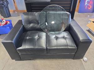 lot 7044 image: Black Leather Couch with Industrial Shelving Unit